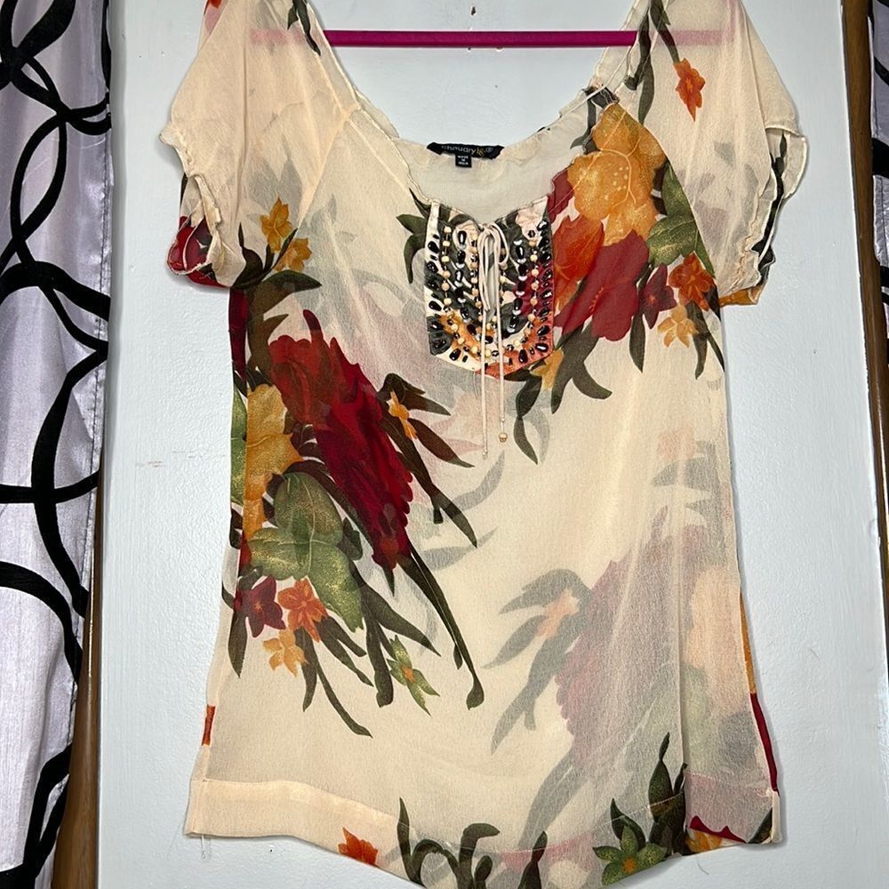 Chaudry KC tan floral beaded, semi sheer blouse, size small